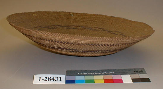 Hearst Museum object titled Tray, accession number 1-28431, described as Twined basket tray.  2 brown bands in design.