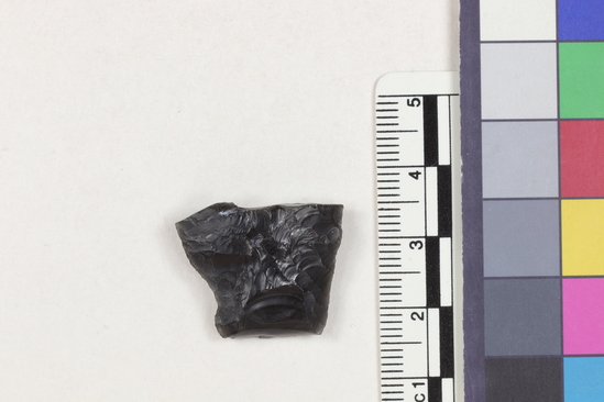 Hearst Museum object titled Flake fragment, accession number 16-14371, described as Projectile point fragment; obsidian; triangular; weight: 3.55 grams; length: 1.95 cm; width: 2.37 cm; depth: 0.72 cm.