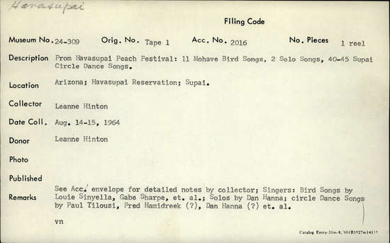 Documentation associated with Hearst Museum object titled Audio track, accession number 24-309A.SE#20.A.9, described as Mojave Bird Song