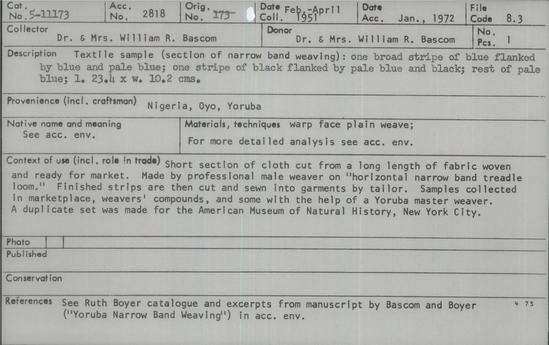 Documentation associated with Hearst Museum object titled Textile sample, accession number 5-11173, described as textile sample (section of narrow band weaving):  one broad strip of blue flanked by blue and pale blue;  one stripe of black flanked by pale blue and black;  rest of pale blue;  l. 23.4 x w. 10.2 cms.