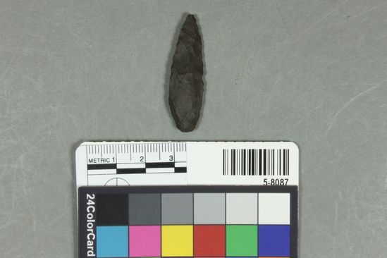 Hearst Museum object titled Flake, accession number 5-8087, described as pointed flake; elongated; bifacial; L 4.1cm