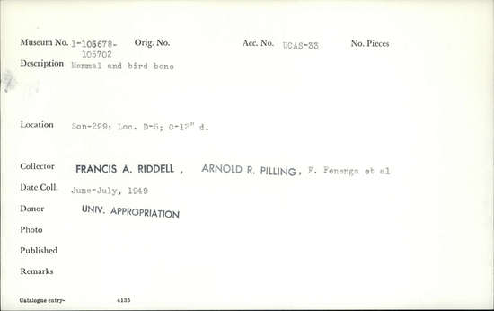 Documentation associated with Hearst Museum object titled Faunal remains, accession number 1-105679, described as Mammal and bird.