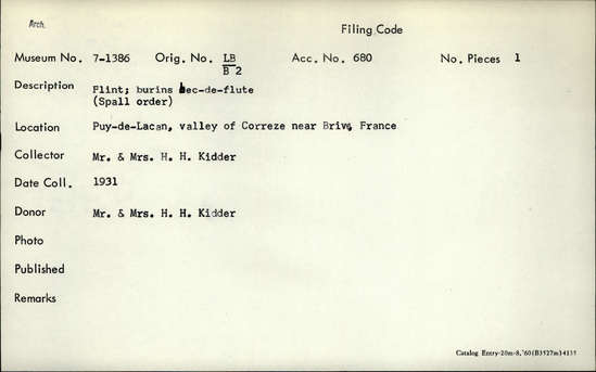Documentation associated with Hearst Museum object titled Burin, accession number 7-1386, described as flint; burins bec-de-flute (spall order)