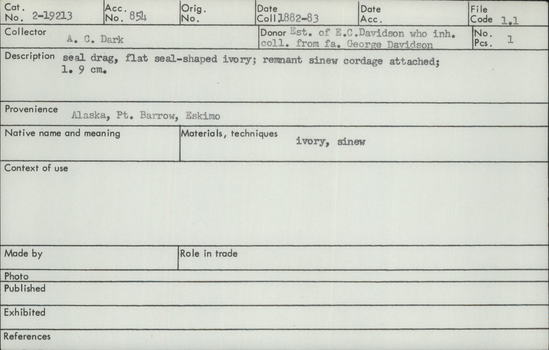 Documentation associated with Hearst Museum object titled Seal drag, accession number 2-19213, described as Flat, seal shaped ivory. Remnant sinew cordage attached.