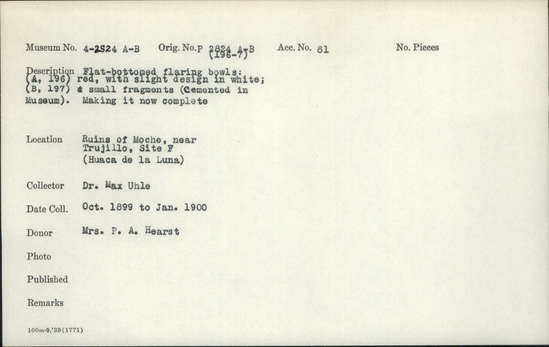 Documentation associated with Hearst Museum object titled Bowls, accession number 4-2824a, described as Flat-bottomed flaring bowl; red, with slight design in white