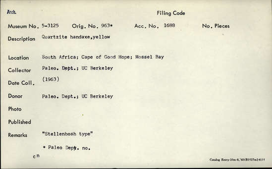 Documentation associated with Hearst Museum object titled Handaxe, accession number 5-3125, described as Quartzite handaxe, yellow.