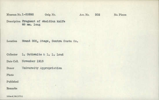 Documentation associated with Hearst Museum object titled Knife, accession number 1-23292, described as Obsidian, fragment