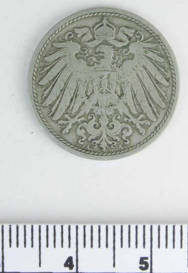 Hearst Museum object titled Coin, accession number 7-3798, described as Coin; Ag; 10 pfennig; Obverse: spread Eagles; Reverse- Deutsches Reich; 1897.