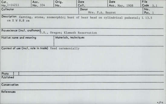 Documentation associated with Hearst Museum object titled Zoomorph, accession number 1-14211, described as Carving of bear head. Stone