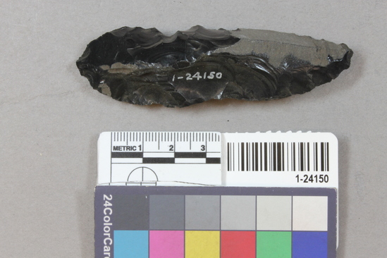 Hearst Museum object 1 of 2 titled Knife, accession number 1-24150, described as obsidian knife 87 mm. long