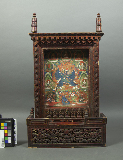 Hearst Museum object 2 of 7 titled Shrine of vajrabhairava, accession number 9-22005a-d, described as This is a shrine that contains eleven major Buddhist deities and could be used as the main object of worship for a Lama or devout lay person. Height: 57.2 cm, Width/depth: 33.6 cm, Depth: 10.6 cm