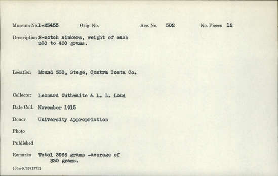 Documentation associated with Hearst Museum object titled Sinkers, accession number 1-23455, described as 2-notch