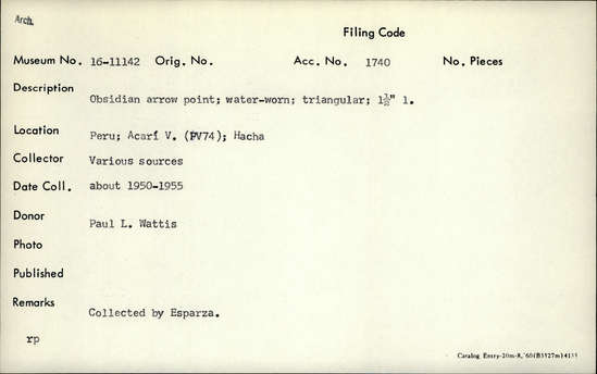 Documentation associated with Hearst Museum object titled Projectile point, accession number 16-11142, described as Obsidian arrow point; water worn; triangular; L. 1½ inch