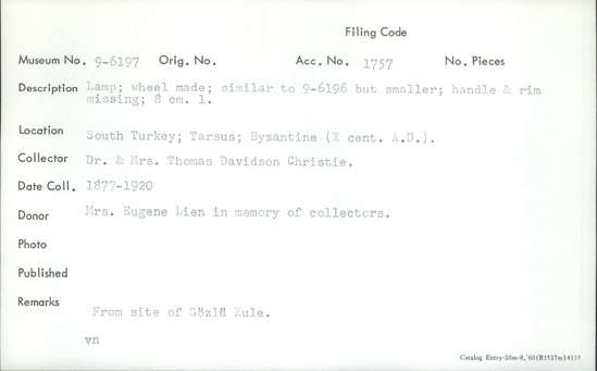 Documentation associated with Hearst Museum object titled Oil lamp, accession number 9-6197, described as Lamp; wheel made; similar to 9-6196 but smaller; handle and rim missing.