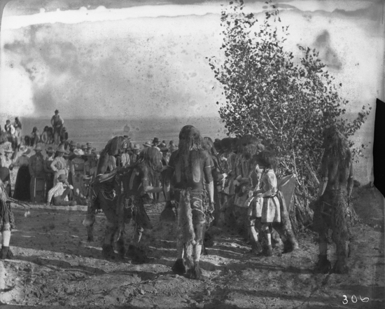 Hearst Museum object titled Black-and-white negative, accession number 15-306, described as Antelopes lining up, backs to the Kiva, Snake dance.