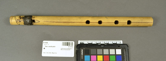 Hearst Museum object titled Flute, reed & pitch, accession number 9-13158, described as Flute; bamboo; 4 holes; 34 1/2 cm.