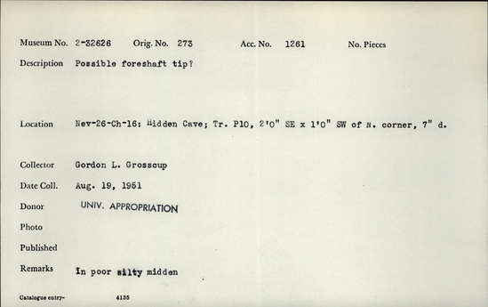 Documentation associated with Hearst Museum object titled Wood projectiles, broken, accession number 2-32626, described as Possible fore shaft tip ?