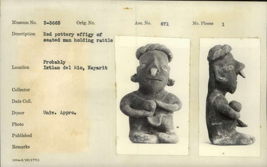 Documentation associated with Hearst Museum object titled Figurine, accession number 3-3665, described as Red pottery effigy of seated man holding rattle