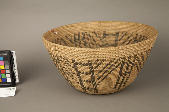 Hearst Museum object 2 of 2 titled Bowl basket, accession number 1-26897, described as Coiled, multiple rod; stitches far apart; black ladder design; flaring large bowl.