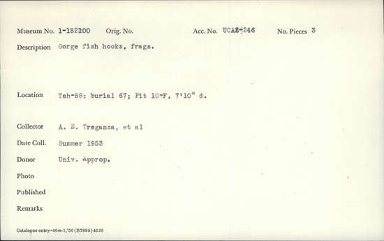 Documentation associated with Hearst Museum object titled Fishhook fragments, accession number 1-152100, described as Gorge fishhooks.