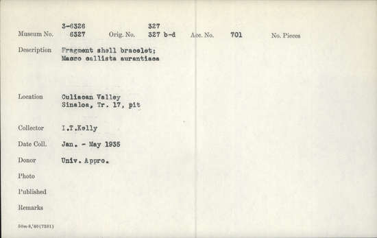 Documentation associated with Hearst Museum object titled Bracelet fragment, accession number 3-6326, described as Fragment shell bracelet, Macro callista aurantiaca.