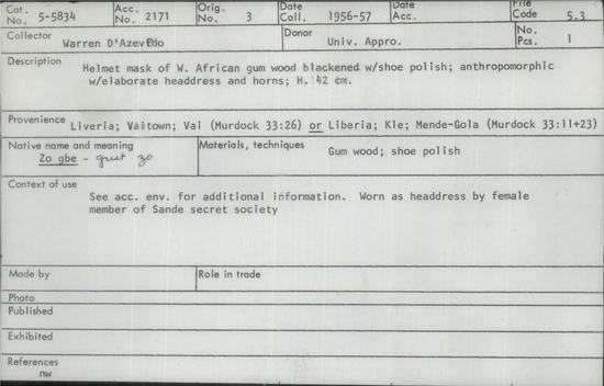 Documentation associated with Hearst Museum object titled Helmet mask, accession number 5-5834, described as helmet mask of West African gum wood blackened with shoe polish; anthromorphic with elaborate headdress and horns; height 42 cm