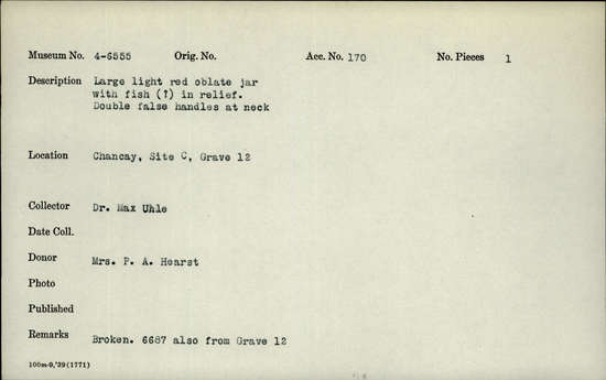 Documentation associated with Hearst Museum object titled Jar, accession number 4-6555, no description available.