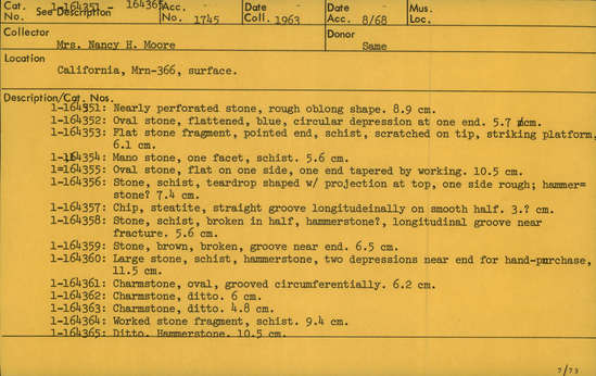 Documentation associated with Hearst Museum object titled Charmstone, accession number 1-164356, described as stone, schist, teardrop shaped w/ projection at top; maximum length: 7.4cm; 1 side rough - hammerstone?