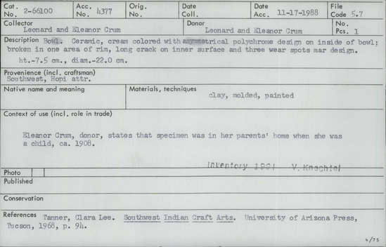 Documentation associated with Hearst Museum object titled Bowl, accession number 2-66100, described as Ceramic, cream colored with asymmetrical polychrome design on inside of bowl; broken in one area of rim, long crack on inner surface and 3 wear spots mar design.