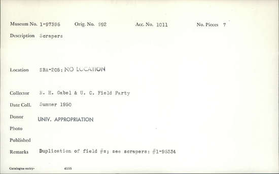 Documentation associated with Hearst Museum object titled Scrapers, accession number 1-97395, described as Scrapers.
