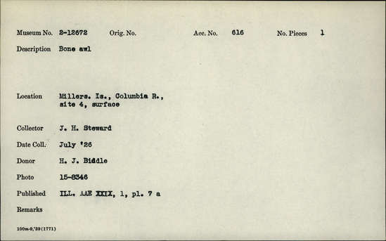 Documentation associated with Hearst Museum object titled Awl, accession number 2-12672, described as Bone