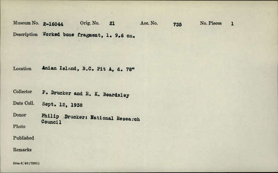 Documentation associated with Hearst Museum object titled Worked bone fragment, accession number 2-16044, described as Worked bone fragment.