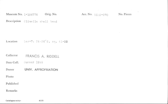 Documentation associated with Hearst Museum object titled Bead, accession number 1-196778, described as Olivella shell.