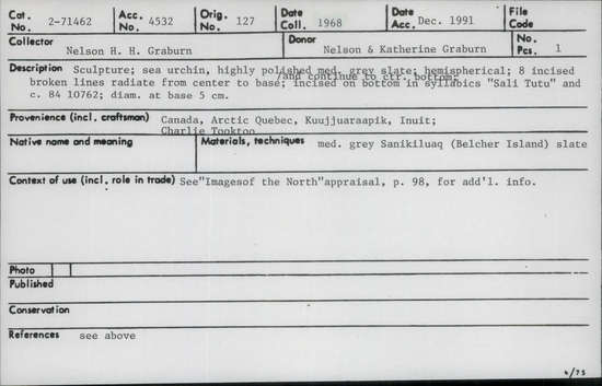 Documentation associated with Hearst Museum object titled Sculpture, accession number 2-71462, described as Sculpture: sea urchin, highly polished medium grey Sanikiluaq (Belcher Island) slate; hemispherical; 8 incised broken lines radiate from center to base; and continue to center bottom:  Incised on bottom in syllabics “Sali Tutu” and c. 84 10762; diam. at base 5cm.  See “Images of the North” appraisal p. 98 for additional information.