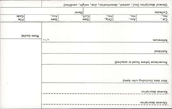 Documentation associated with Hearst Museum object titled Coin: æ 4, accession number 8-8439, described as Coin, AES Follis 4.     1.82 grams. 13 mm. Obverse: Constantinus II right, diademed CONSTANTINVS AVG Reverse: Standard between 2 soldiers, GLORIA EXERCITVS Mint Data: Constantinus II Italia Rome