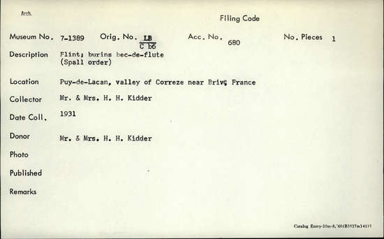 Documentation associated with Hearst Museum object titled Burin, accession number 7-1389, described as flint; burins bec-de-flute (spall order)