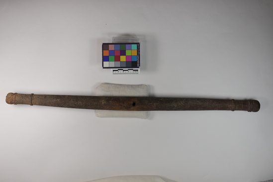 Hearst Museum object titled Scale beam, accession number 6-13624, described as Wooden beam from scales, length 49 cm.