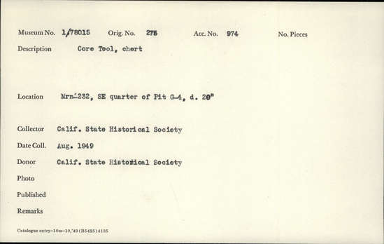 Documentation associated with Hearst Museum object titled Tool, accession number 1-78015, described as Core tool, chert.