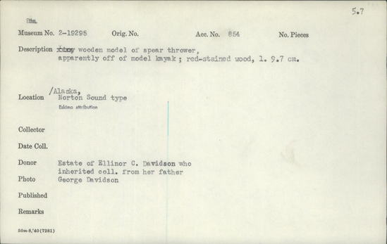 Documentation associated with Hearst Museum object titled Spear-thrower model, accession number 2-19295, described as Wooden. Red stained wood. Apparently came off of model kayak.