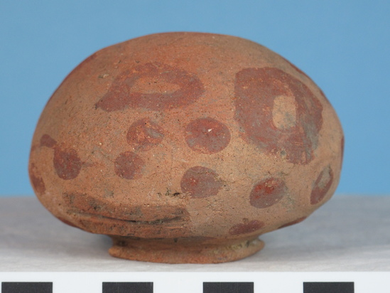 Hearst Museum object 3 of 52 titled Incomplete jar, accession number 6-5429, described as Pottery jar; small pinkish squat red dots, ear handles broken off- broken