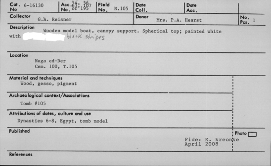 Documentation associated with Hearst Museum object titled Model boat fragment, accession number 6-16130, described as wooden boat model, canopy support; spherical top, painted white with black stripes.