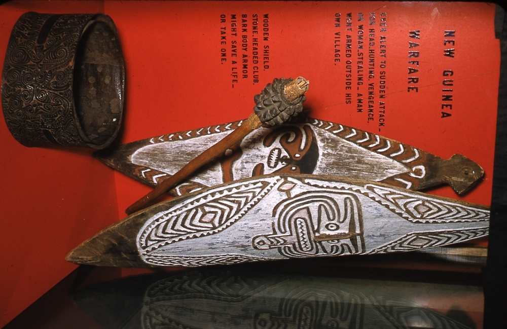 Hearst Museum object titled Color slide, accession number 25-1190, described as Library exhibit: "New Guinea Warfare