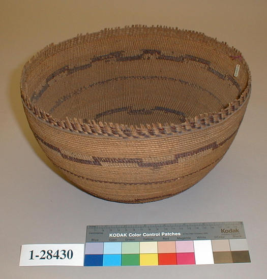 Hearst Museum object titled Bowl basket, accession number 1-28430, described as Twined, bowl-shaped.  5 brown bands in various designs.