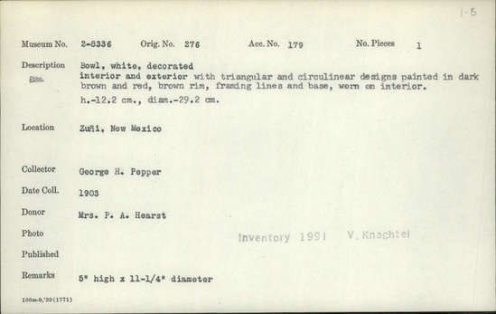 Documentation associated with Hearst Museum object titled Bowl, accession number 2-8336, described as White, decorated interior and exterior with triangular and circulinear designs painted in dark brown and red, brown rim, framing lines and base, worn on interior.