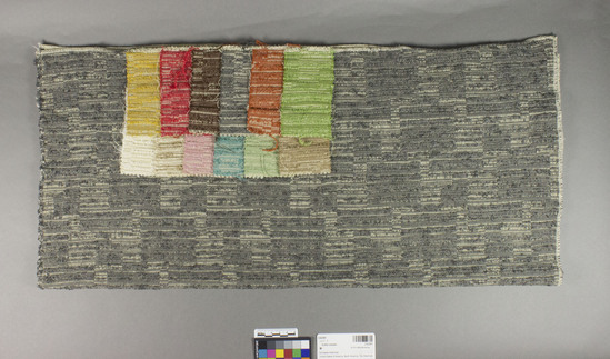 Hearst Museum object titled Textile sample, accession number 2-62391, described as Strip; color swatches attached, made of rayon and cotton?, compound weave, some nubby yarns, colors white and gray, Odenheimer & Baker
