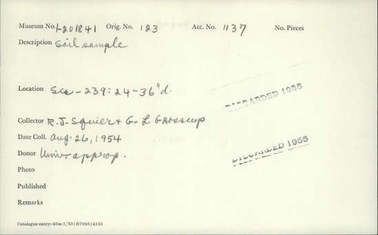 Documentation associated with Hearst Museum object titled Soil sample, accession number 1-201841, described as soil sample.