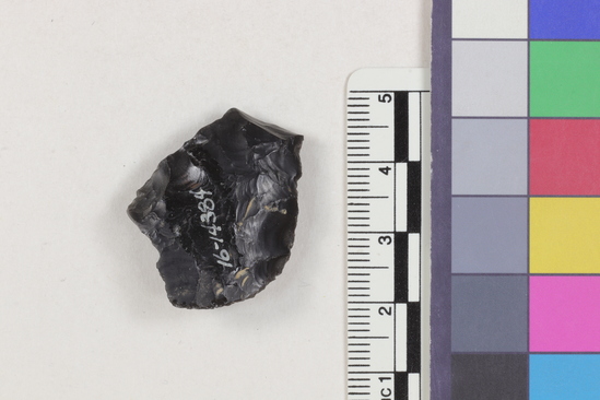 Hearst Museum object 2 of 2 titled Flake fragment, accession number 16-14384, described as Projectile point fragment; obsidian; triangular; weight: 6.0 grams; length: 3.0 cm; width: 2.4 cm; depth: 0.9 cm; slight convex sides.