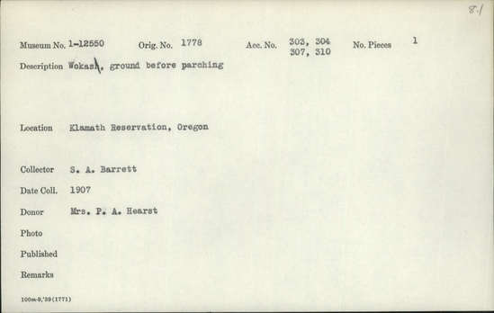 Documentation associated with Hearst Museum object titled Wokas, accession number 1-12550, described as Ground.