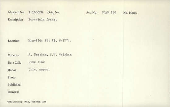 Documentation associated with Hearst Museum object titled Porcelain fragments, accession number 1-155028, described as Porcelain fragments. Notice: Image restricted due to its potentially sensitive nature. Contact Museum to request access.