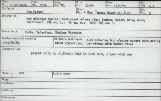 Documentation associated with Hearst Museum object titled Musical instrument, accession number 9-10954a,b, described as toy stringed musical instrument width bow; clay, bamboo, paper, wire, wood; instrument:  39.5 cm length;  9.5 cm width;  bow:  30.5 cm length